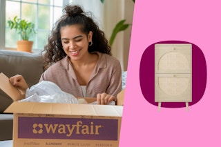 a woman opening up a wayfair package in her living room