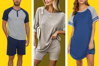 men's sleep set, women's lounge set, and women's sleep shirt