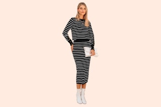 Model wearing a Prettygarden women's outfit set (long sleeve top + matching skirt) in striped black & white