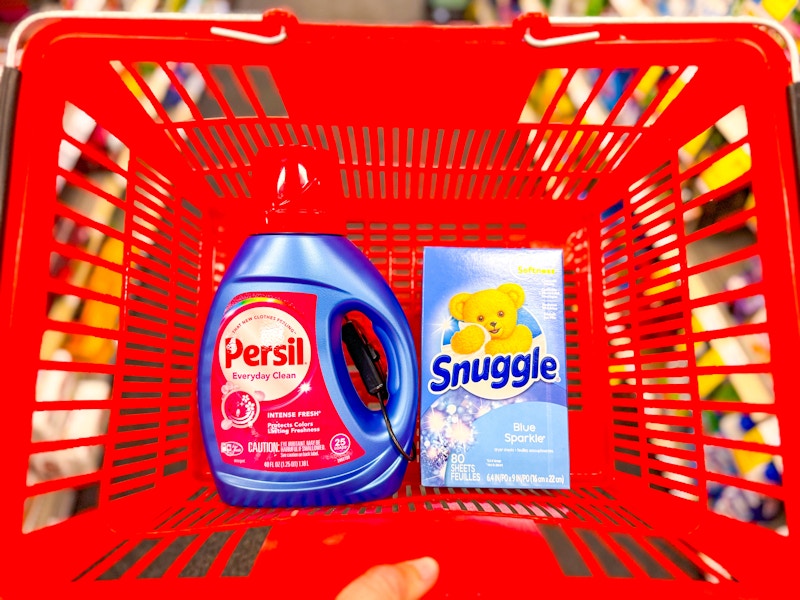 persil detergent and snuggle dryer sheets in a red basket