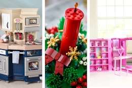 Little Tikes play kitchen, Lego centerpiece, and Barbie closet playset