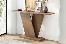 Lifestyle image of the Christopher Knight Console Table (with V-base) in home setting