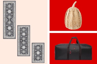 rug set of three, bamboo pumpkin decor & duffel bag