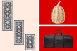 rug set of three, bamboo pumpkin decor & duffel bag