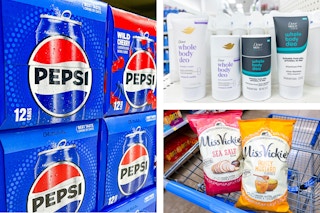 Pepsi 12-pack, Dove Whole Body deodorant, and Miss Vickie's potato chips