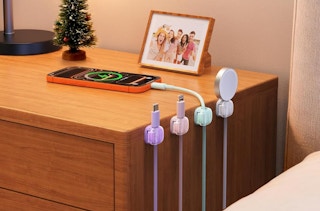 pastel cord organizers against a nightstand with cords