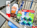 Colgate toothbrush, Dunkin cold brew, Purina dog chow & Soft Scrub cubes in Walmart shopping cart