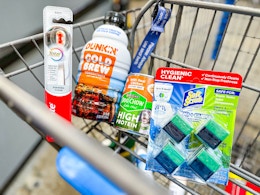 Colgate toothbrush, Dunkin cold brew, Purina dog chow & Soft Scrub cubes in Walmart shopping cart