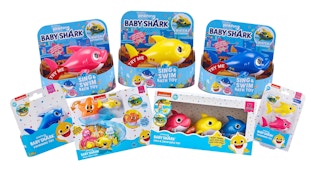 Toys from the Zuru Baby Shark toy recall on a white background