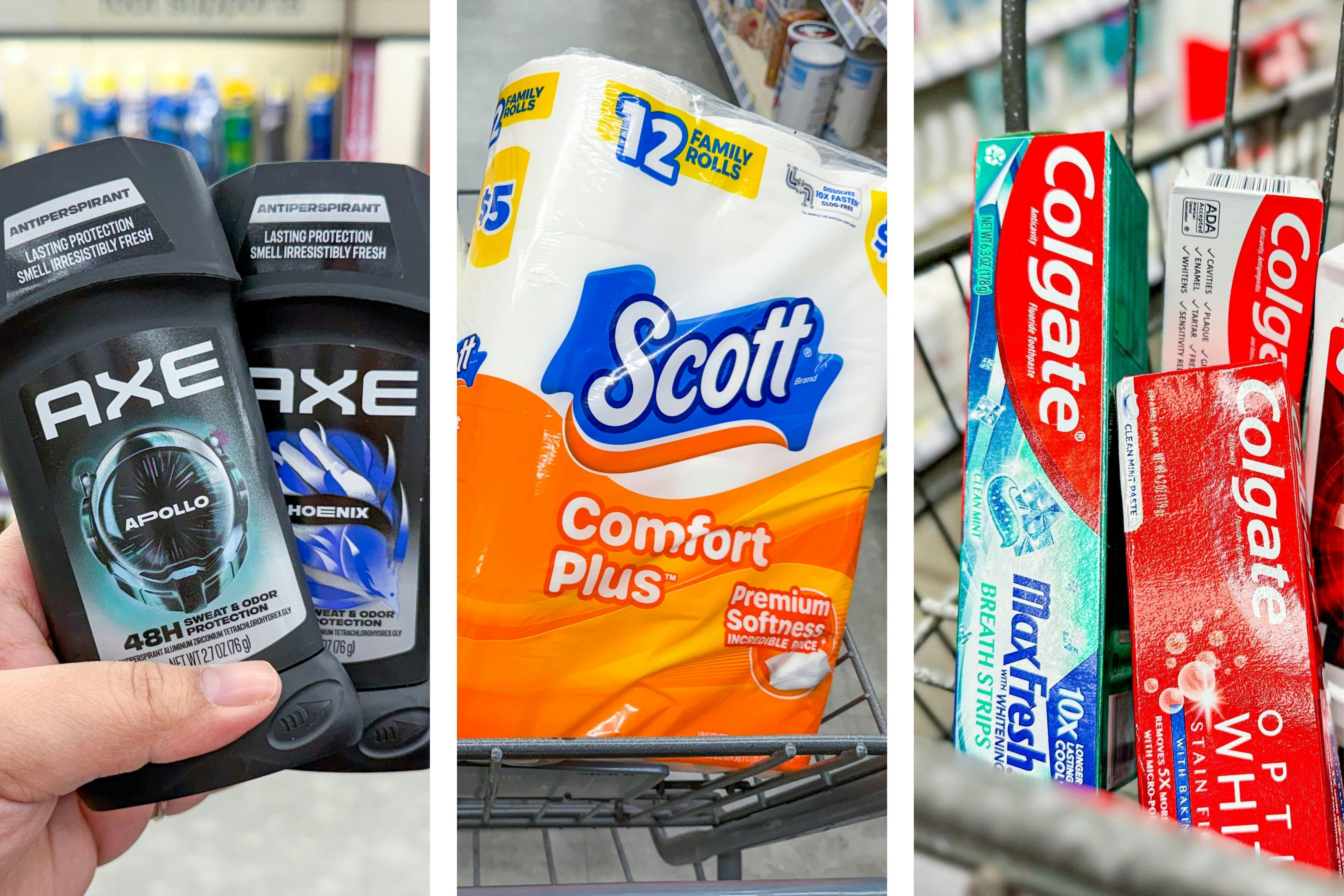 collage image of axe deodorant, scott toilet paper, and colgate toothpaste