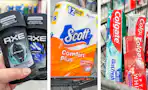 collage image of axe deodorant, scott toilet paper, and colgate toothpaste