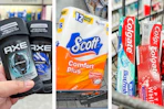 collage image of axe deodorant, scott toilet paper, and colgate toothpaste