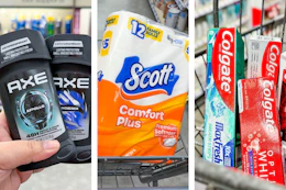 collage image of axe deodorant, scott toilet paper, and colgate toothpaste