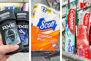 collage image of axe deodorant, scott toilet paper, and colgate toothpaste
