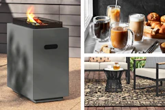 Fire pit, coffee mug set & outdoor area rug
