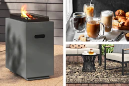 Fire pit, coffee mug set & outdoor area rug