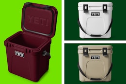 Different colored Yeti Roadie 24 Hard Coolers on a light and dark green collage background. 