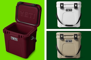 Different colored Yeti Roadie 24 Hard Coolers on a light and dark green collage background.