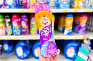 hand holding a bottle of Arm & Hammer odor blasters