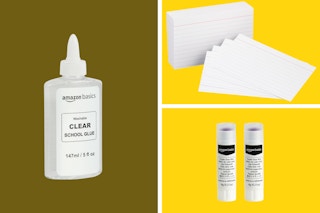 a yellow collage of bottle glue, glue sticks, and index cards