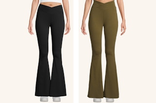 two women wearing flared leggings in black and olive