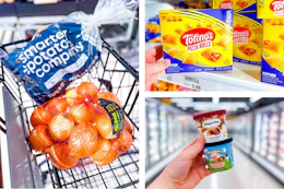 meijer potatoes, onions, totino's, haagen-dazs, ben and jerry's 3-photo collage
