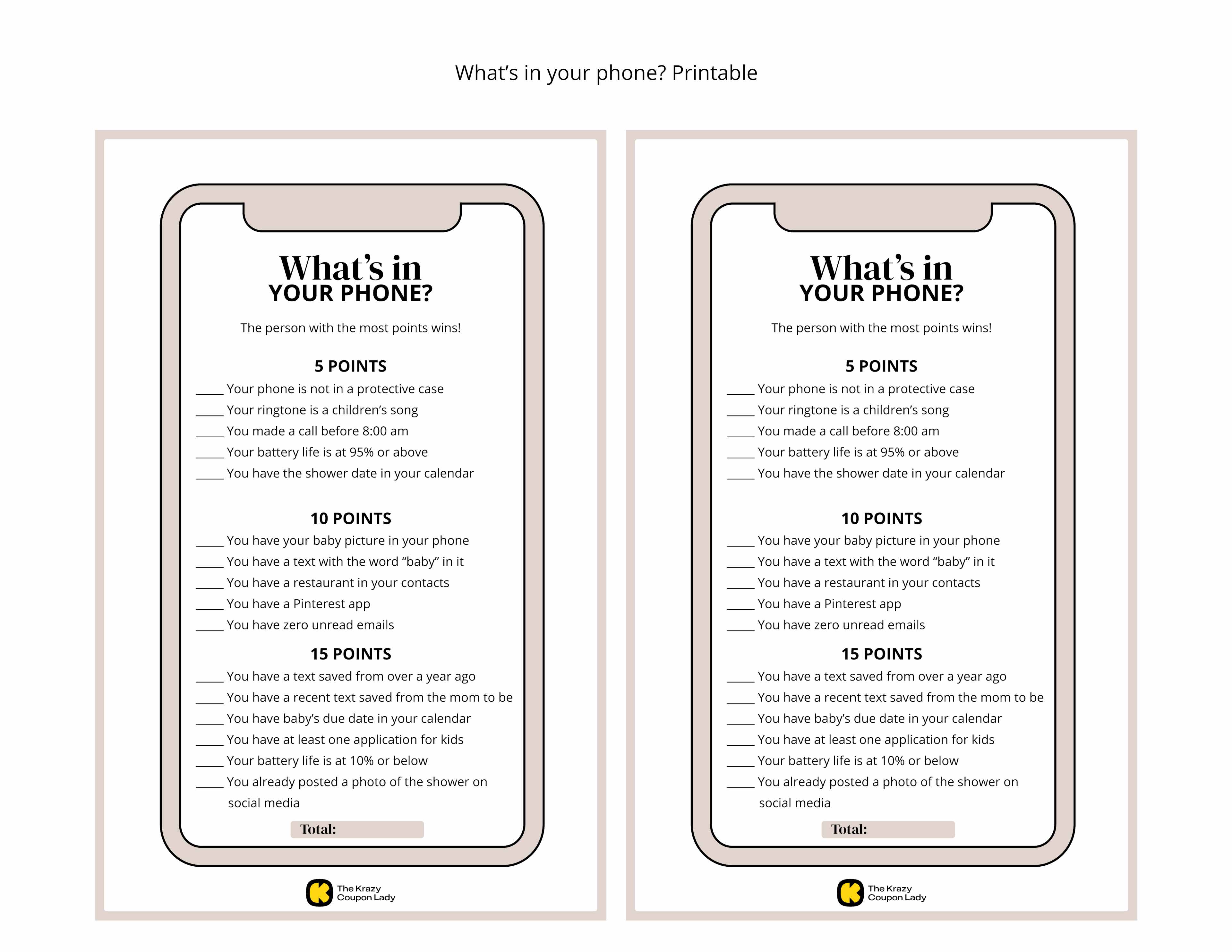 What’s in your phone game printable
