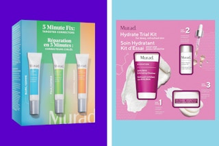 Murad Skincare Sets on a purple and blue collage background. 