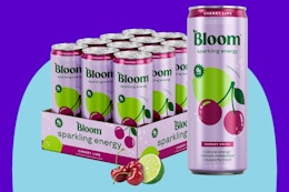 Bloom Nutrition Energy Drink 12-Pack Cherry Lime on a purple background.