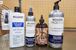 dog bathing supplies on a shelf