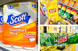 dollar general scott toilet paper, lay's potato chips, mountain dew soda 3-photo collage
