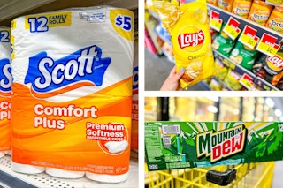 dollar general scott toilet paper, lay's potato chips, mountain dew soda 3-photo collage