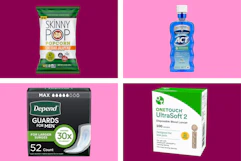 collage with depend, skinny pop, act, and onetouch products