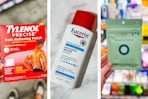 collage image of tylenol pain patches, eucerin lotion, and rael miracle patches