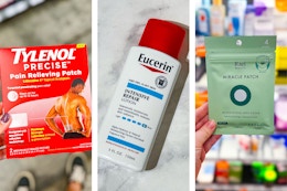 collage image of tylenol pain patches, eucerin lotion, and rael miracle patches