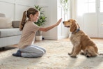 a girl and dog on a rug