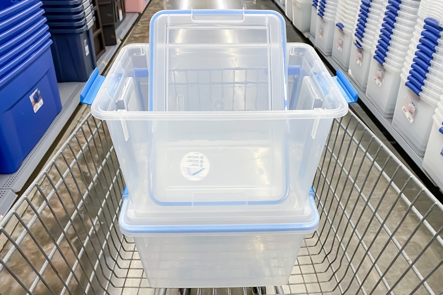 Sterilite 20-quart storage gasket boxes in Walmart shopping cart