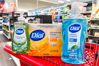 dial hand soap, bar soap, and body wash sitting on a target cart