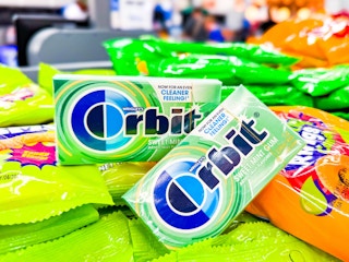 2 packs of Orbit gum packs in candy aisle at Walmart