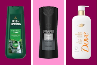 collage of body wash products on a pink and maroon background
