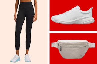 lululemon items on a cream and red collage background. 