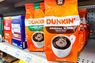 bags of dunkin' coffee on a shelf