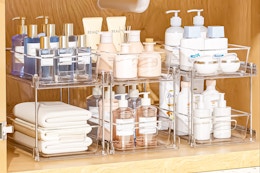 Lifestyle image of 3 Vtopmart Sorage Organizers being used under bathroom cabinet