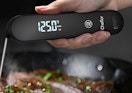 a person holding a meat thermometer