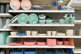 pillowfort dinnerware sitting on a target shelf