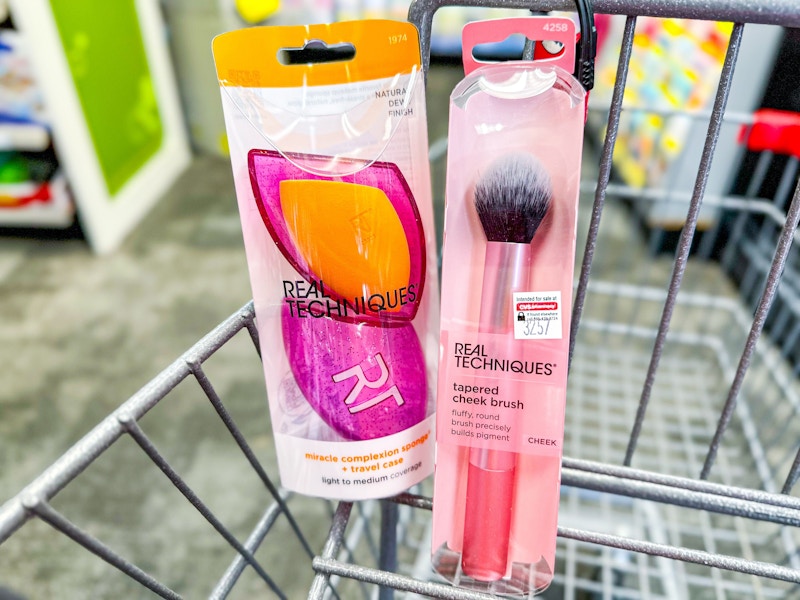 makeup brush and sponges in a cart