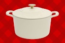 Stock image of the Martha Stewart 7 Quart Cast Iron Dutch Oven (in the color "Linen")