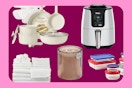 carote cookware, ninja air fryer, white towel set, candle, and pyrex set