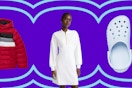 kids' puffer coat, women's white dress, and light blue adult crocs