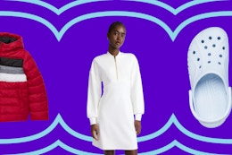 kids' puffer coat, women's white dress, and light blue adult crocs